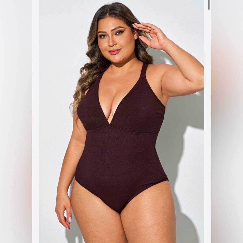 Meet.Curve Brown Deep V One-Piece Swimsuit Size XL